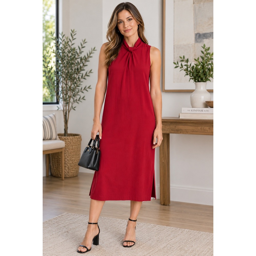 Banana Republic Red Twist Neck Sleeveless Midi Dress Size 2 High Neck Keyhole